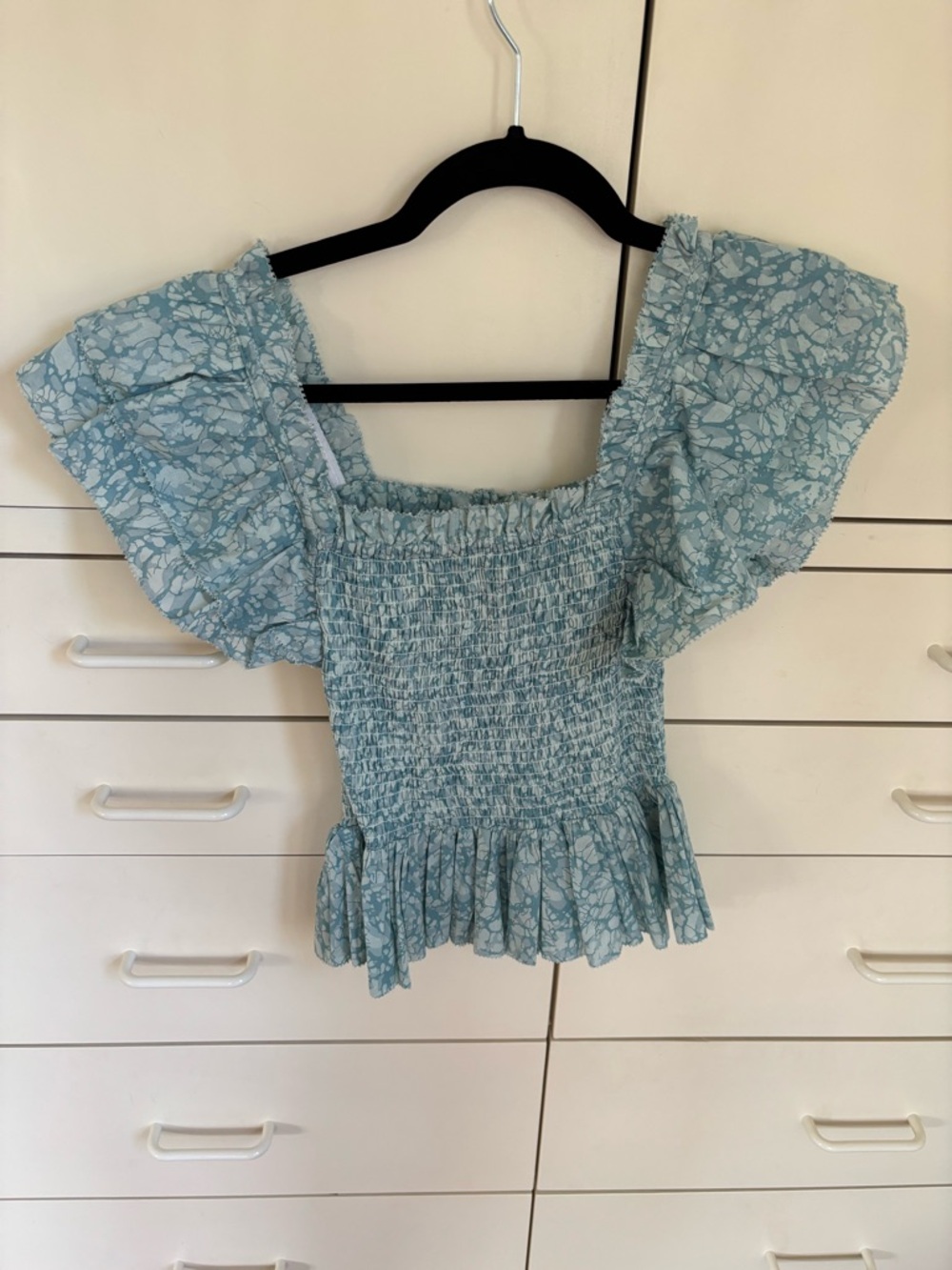 Anthropologie Love the Label Light Aqua Smocked Peplum Top - Picture 3 of 5